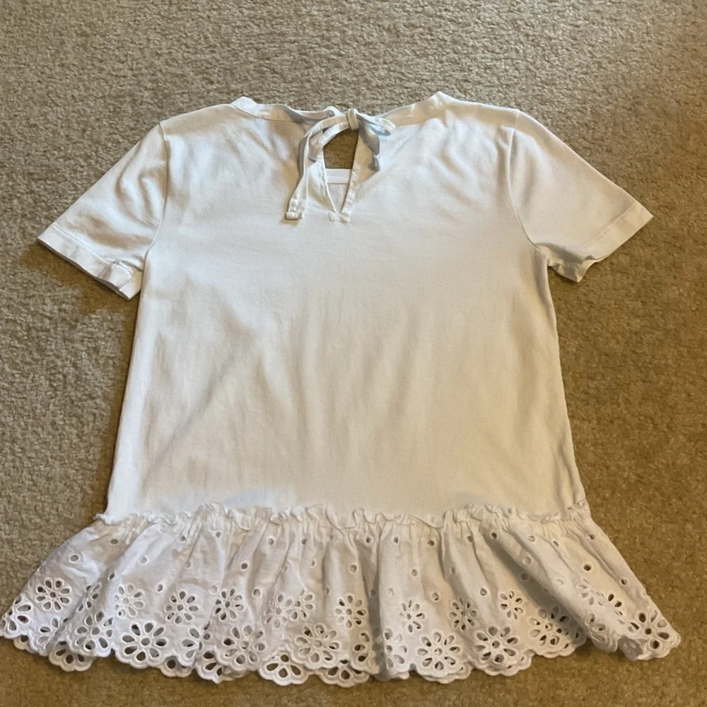 J. Crew White Tie-back, Eyelet Ruffle Tee Coquette Preppy Shirt Size XXS.